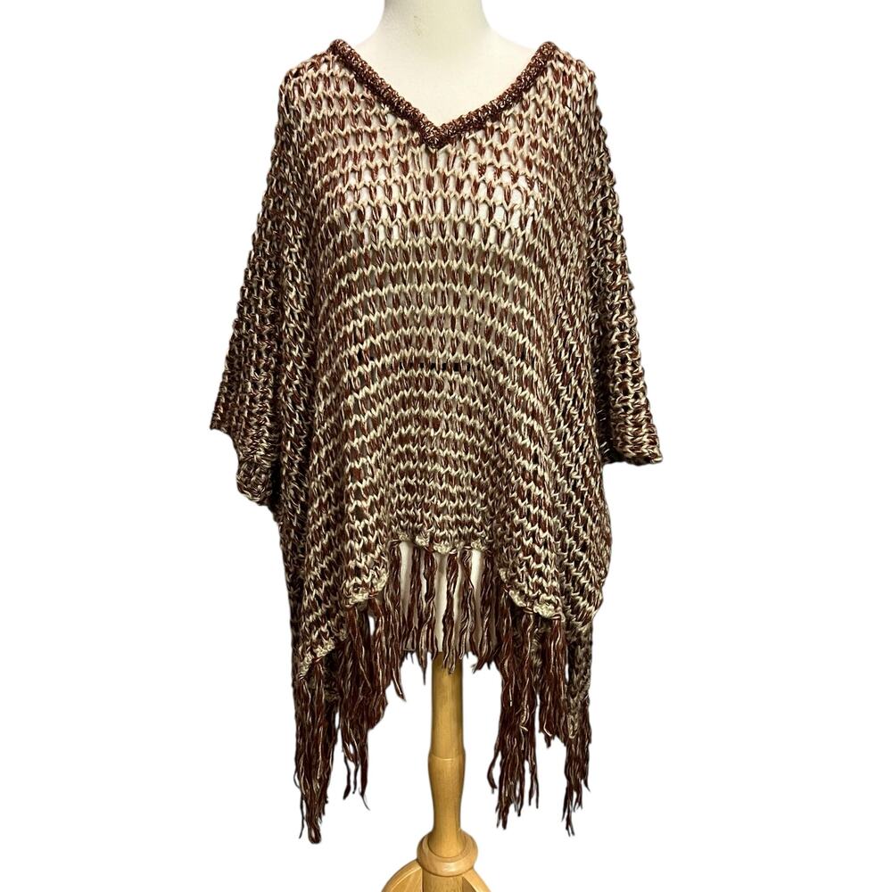 Willow & Clay Poncho M Brown Open Crochet Knit Fringe Oversized Boho Chunky Cozy